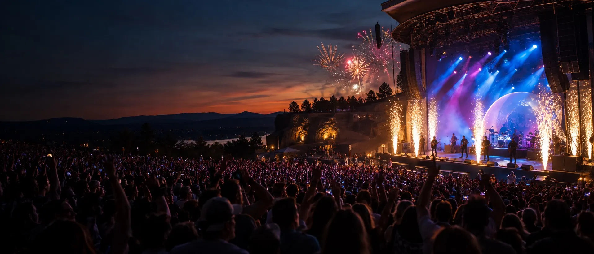 Concerto stage with fireworks and close-close effects