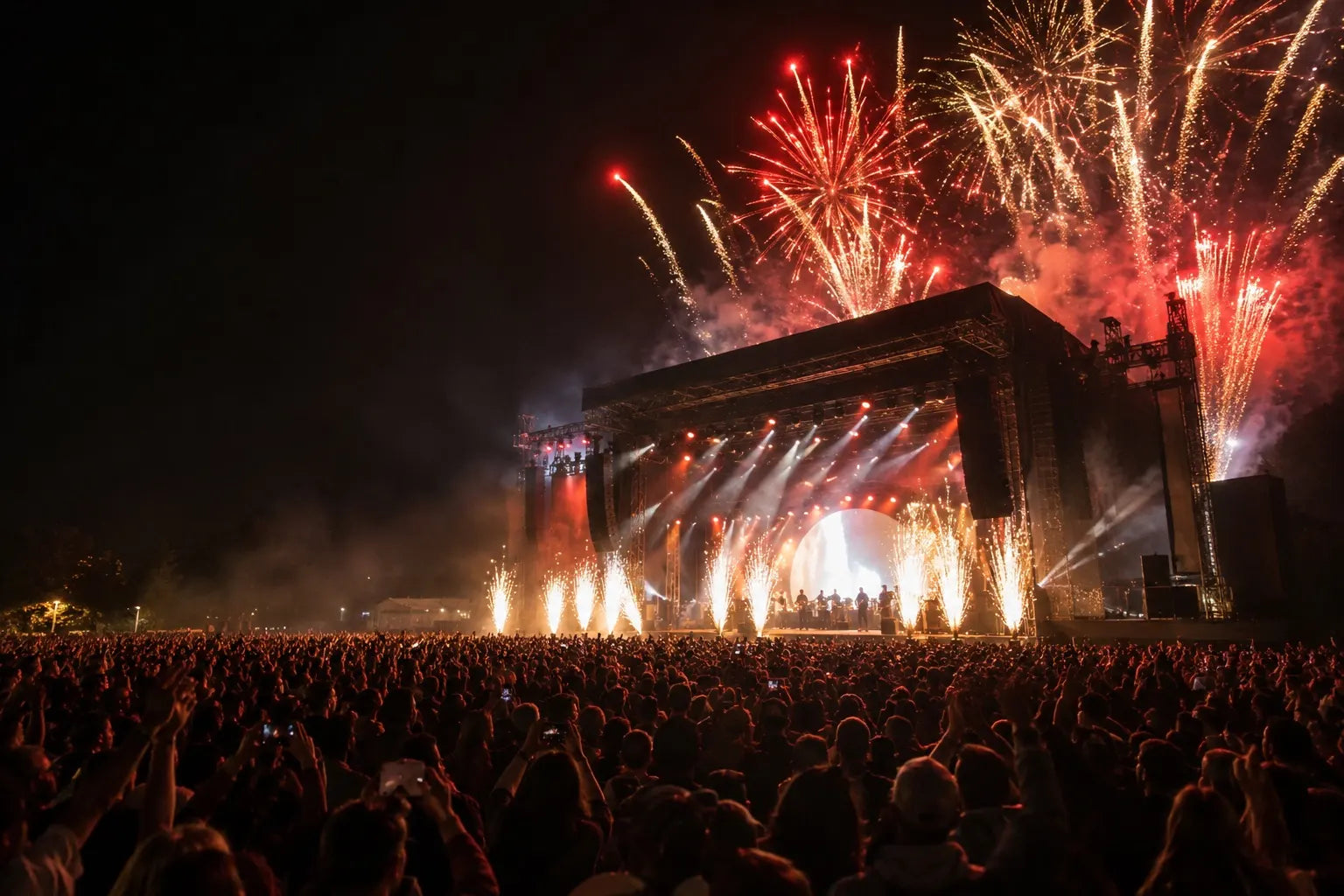 Night concert with close-up effects and fireworks