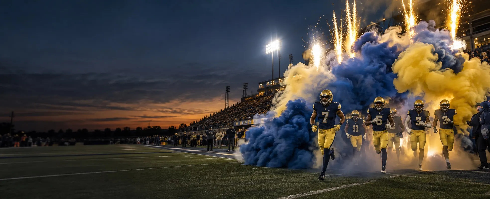 Team Entry Through Navy and Gold Smoke