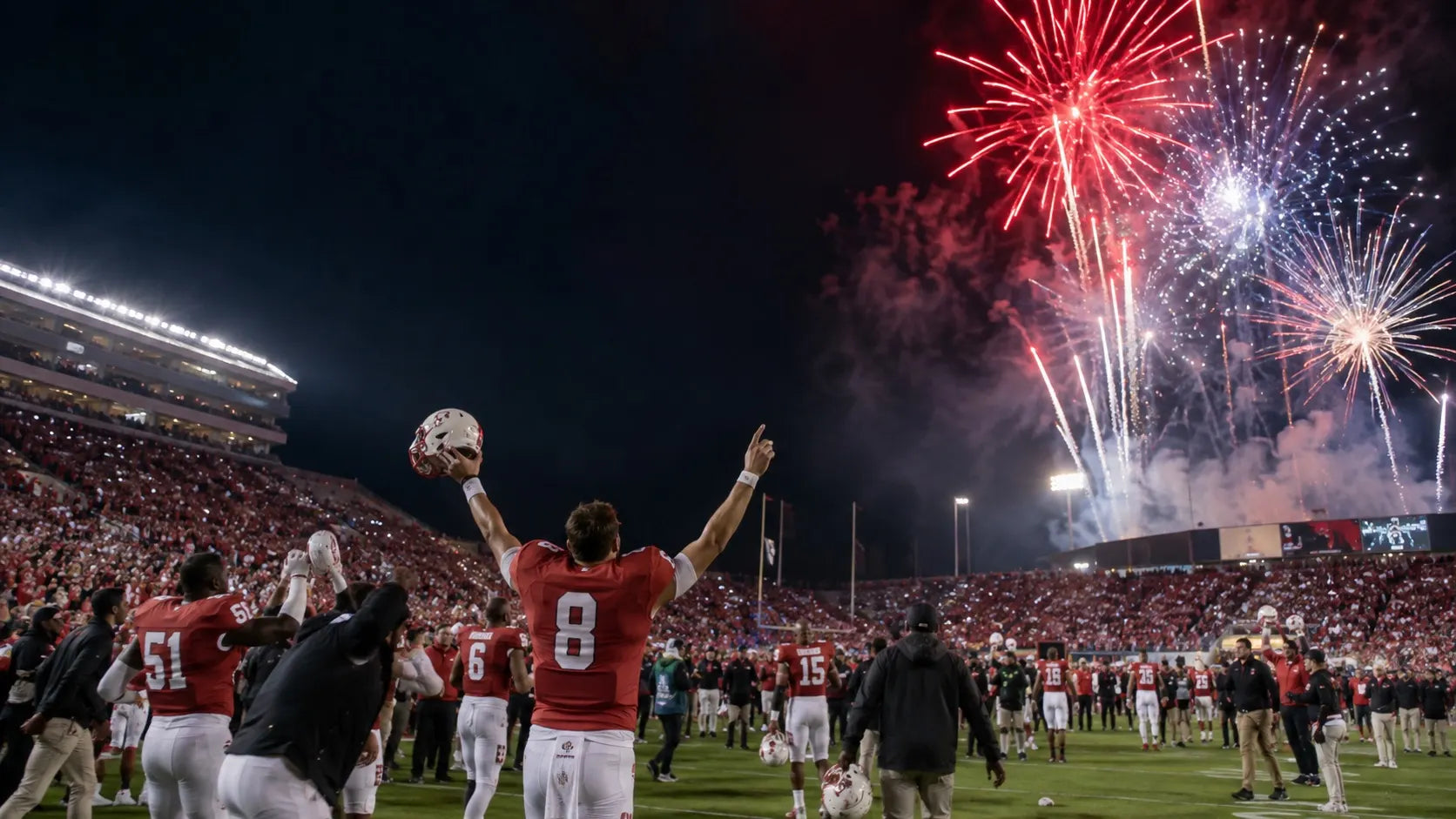 Football players under red, white, and blue fireworks