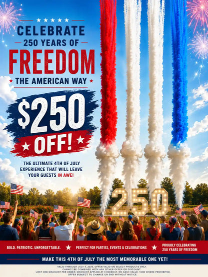 America red white and blue biodegradable smoke cannons launching over 70 feet high during a patriotic Fourth of July celebration