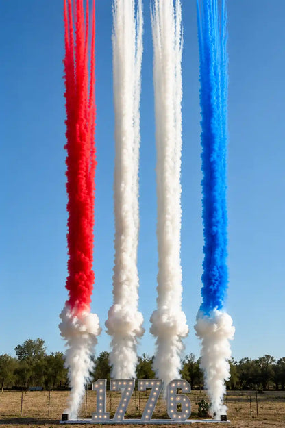 America 250th anniversary celebration product with red white and blue smoke cannons for backyard parties military graduations and patriotic events