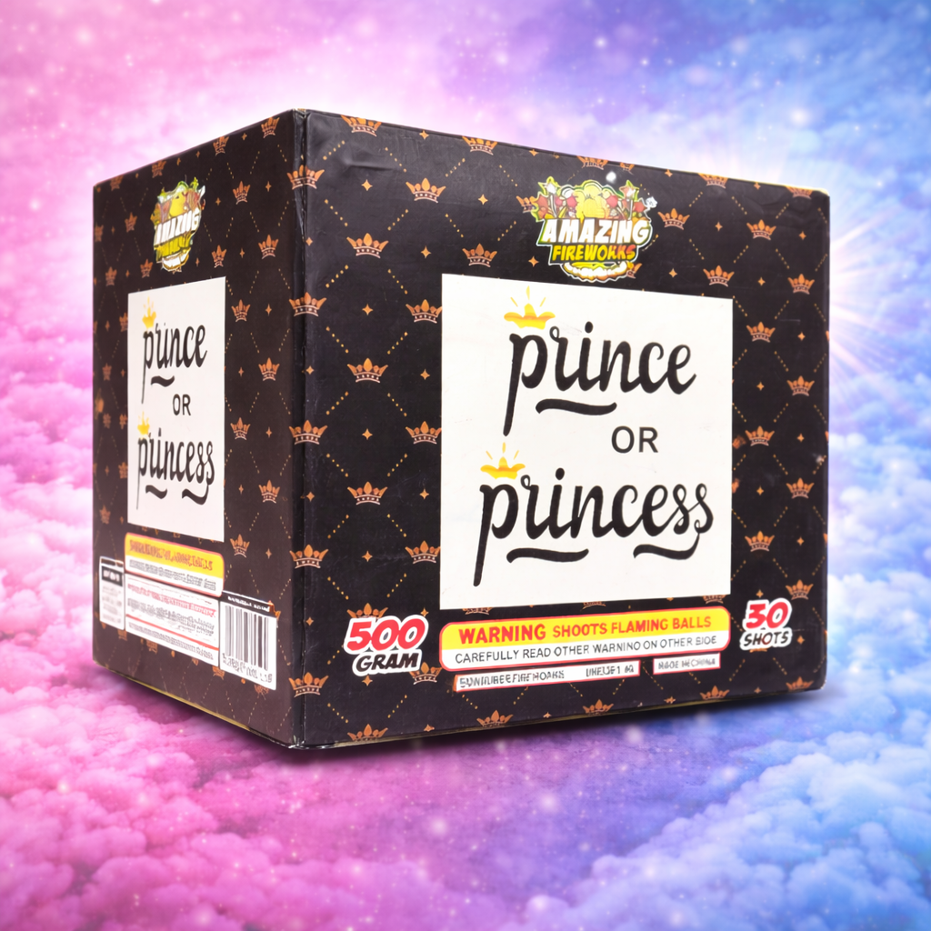 Cañón de humo para revelación de género Príncipe o Princesa de 500 gramos vista en ángulo con fondo de humo rosa y azul para celebración de revelación de bebé