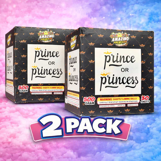 Prince or Princess gender reveal smoke cannon fireworks 2 pack bundle 500 gram cakes for pink or blue baby gender reveal celebration
