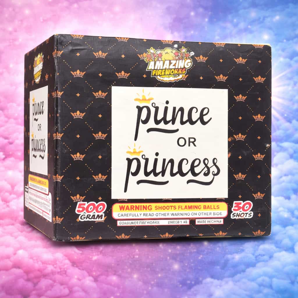 Prince or Princess gender reveal smoke cannon 500 gram fireworks cake front view with pink and blue smoke background for baby gender reveal party or baby shower | 