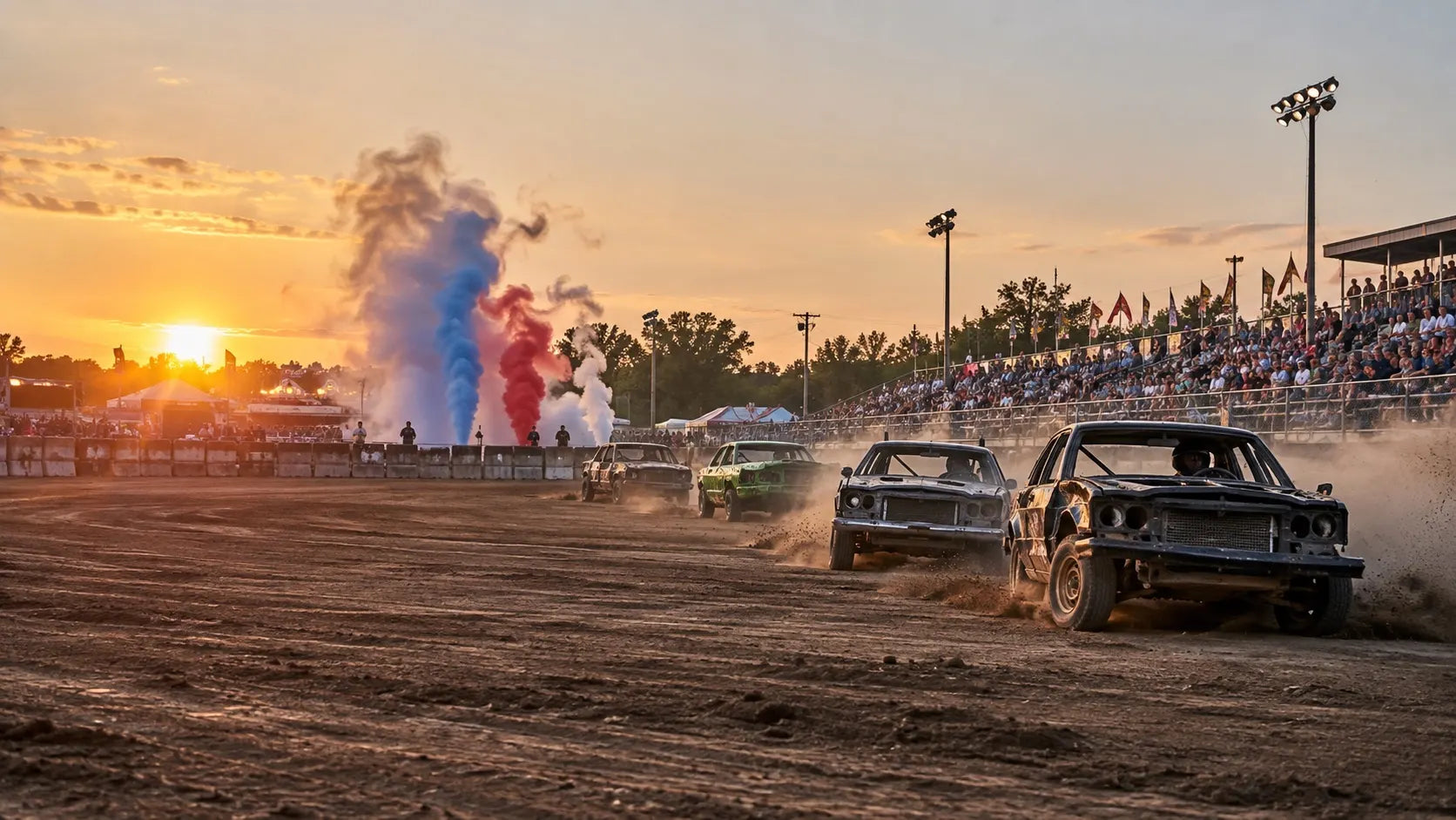 Outdoor motorsport event with controlled colored smoke effects