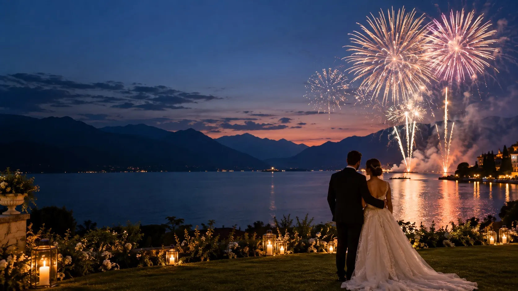 Newlywed couple watching a professional wedding fireworks finale