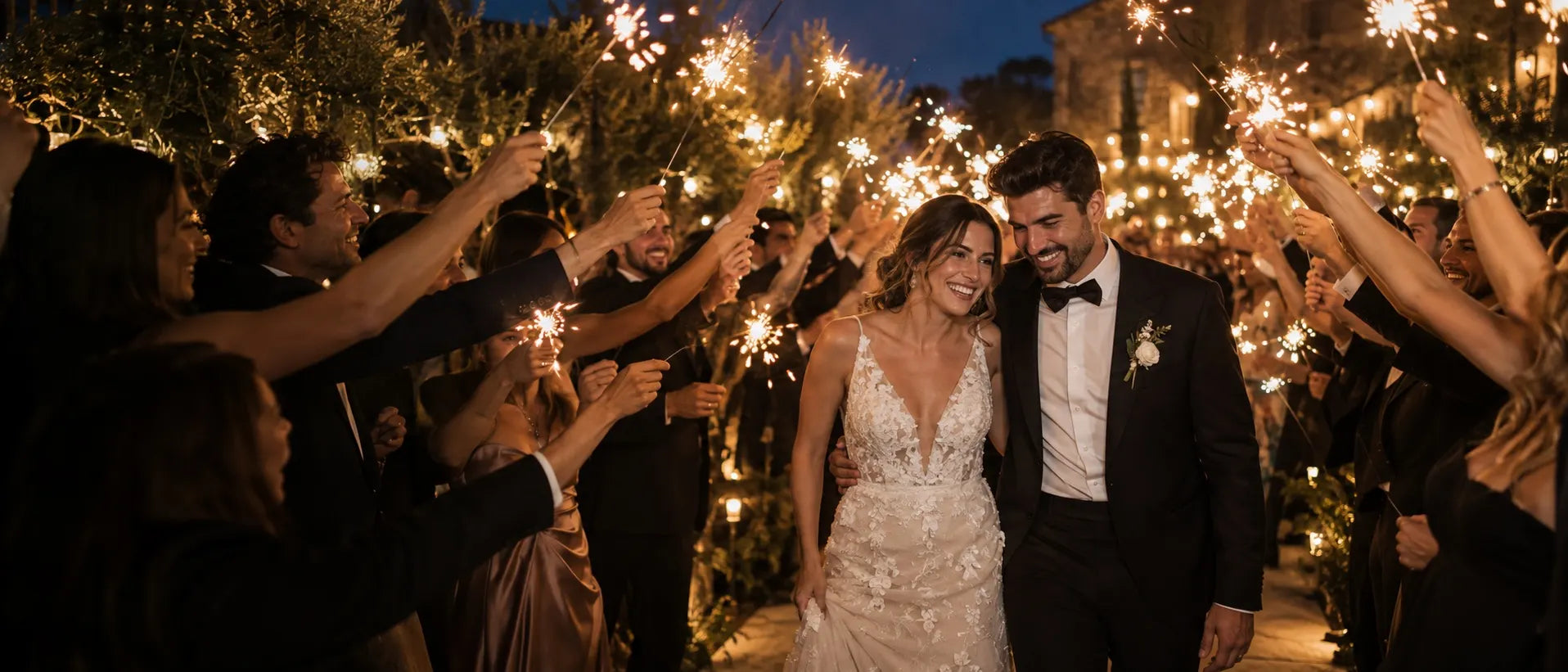Newlywed couple walking through a sparkler send-off